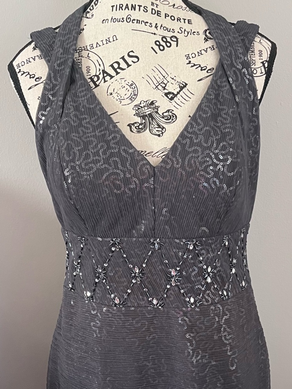 Embellished Grey Midi Dress with Beaded Waist